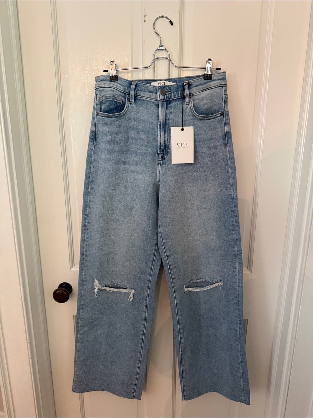 VICI Light Wash High-Rise Wide Leg Jeans with Knee Distress